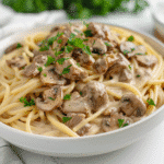 closeup view of Beef & Mushroom Stroganoff Spaghetti with creamy mushroom sauce
