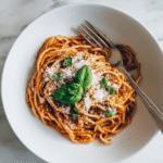 Vegan cheese spaghetti in a white bowl topped with vegan parmesan