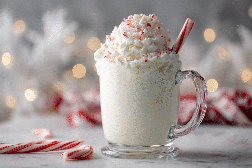 Creamy peppermint white chocolate frozen drink in an Irish coffee mug on white marble countertop, topped with whipped cream and crushed candy canes.