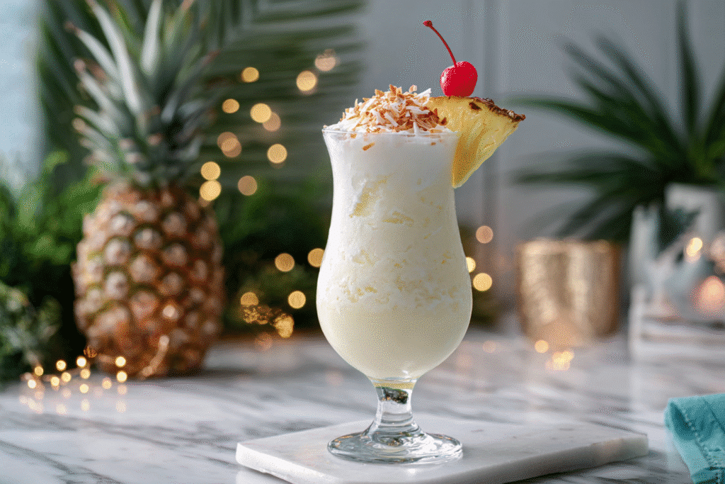 Tropical pineapple coconut frozen drink in a hurricane glass on white marble countertop, garnished with pineapple wedge and cherry.