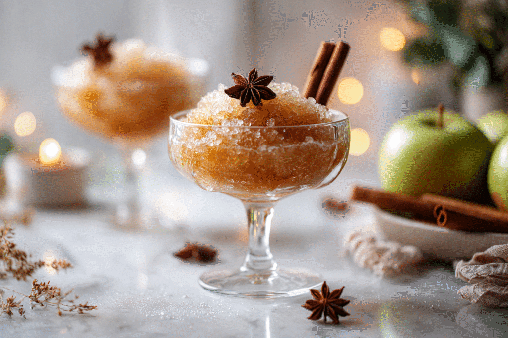 Golden spiced apple cider granita in a coupe glass on white marble countertop, garnished with cinnamon stick and star anise.