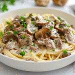 Beef & Mushroom Stroganoff Spaghetti recipe card layout