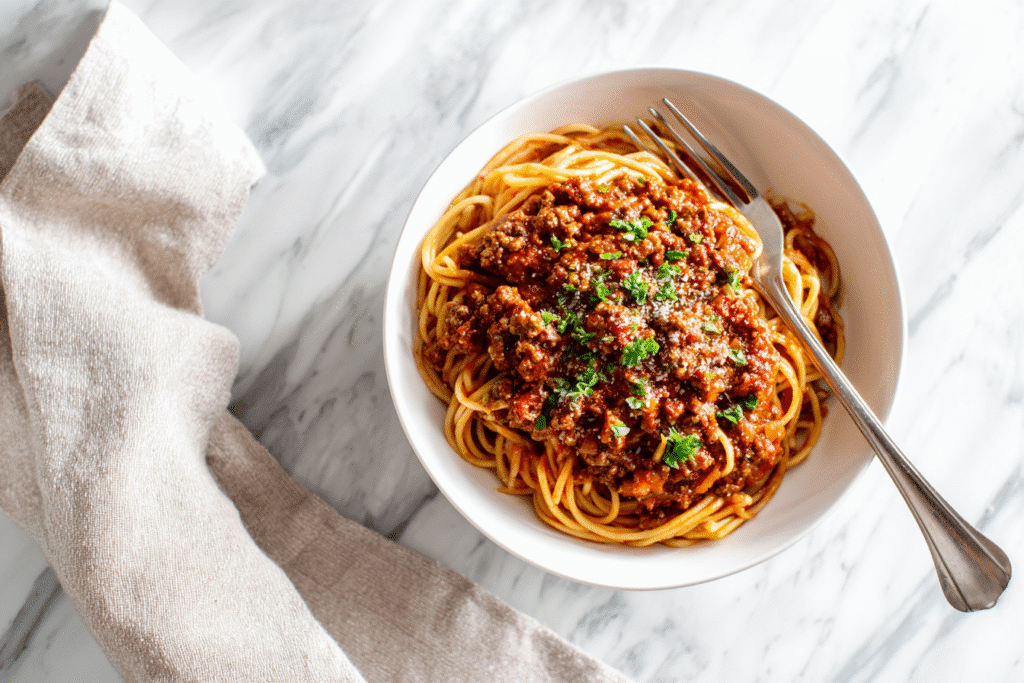 one pot spaghetti and meat sauce on white kitchen counter