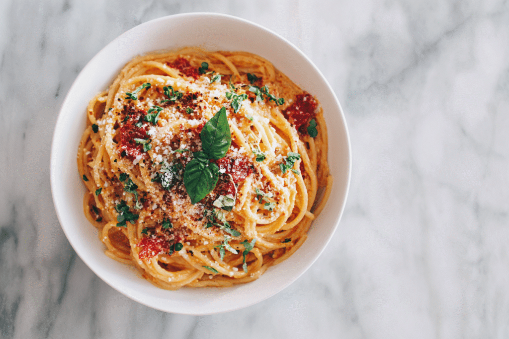 Vegan cheese spaghetti in a white ceramic bowl, topped with melting vegan parmesan and fresh basil, overhead view