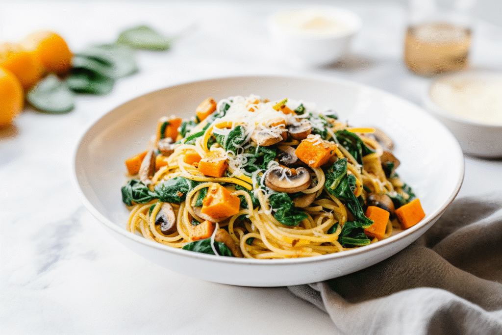 autumn veggie spaghetti for one served in white bowl on modern kitchen counter