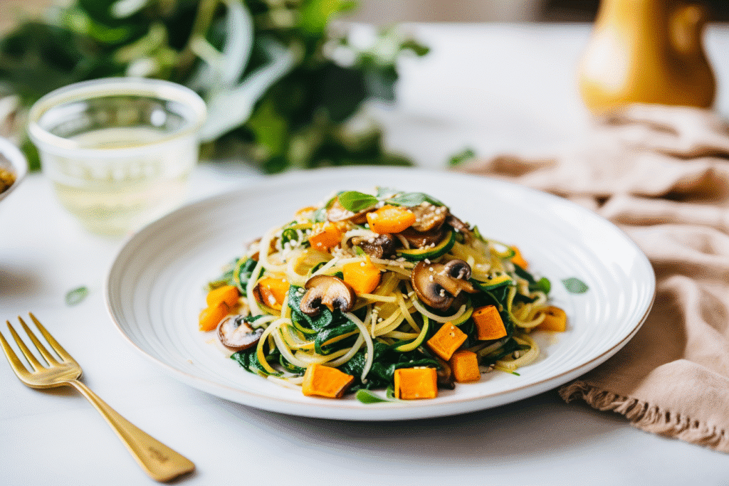 plated autumn veggie spaghetti for one with parmesan and fall veggies