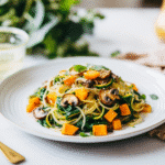 plated autumn veggie spaghetti for one with parmesan and fall veggies