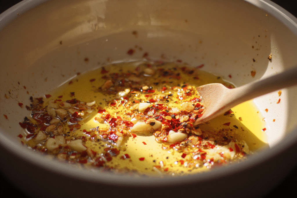 Garlic and chili flakes sizzling in olive oil