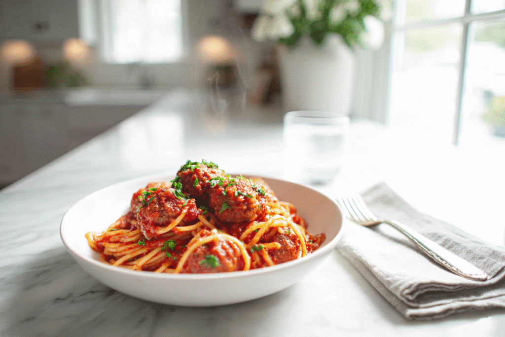 spaghetti and meatballs for one on white kitchen counter