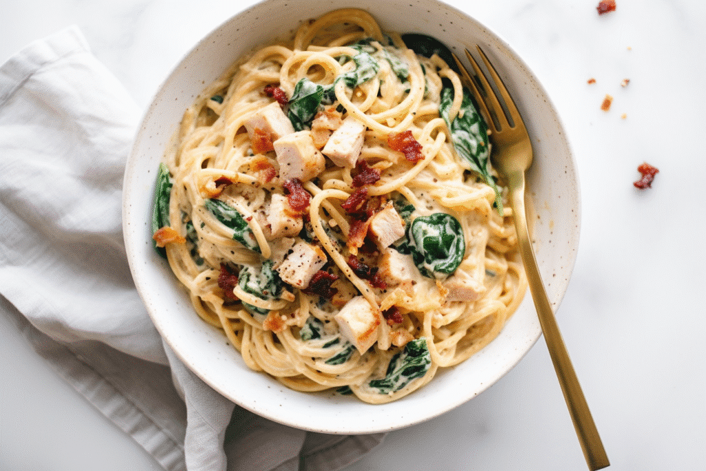 One Pot Tuscan Chicken Spaghetti on White Kitchen Counter