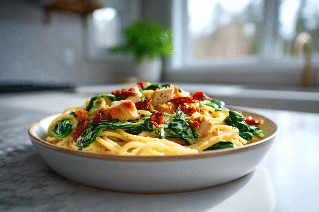 Creamy Tuscan Chicken Spaghetti in Bowl