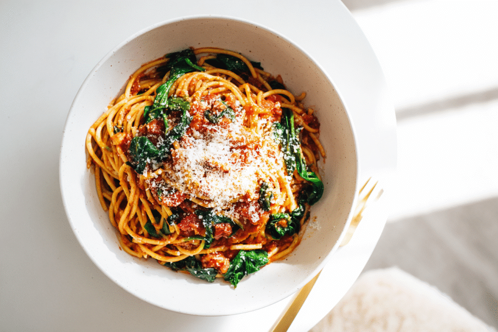 One pot spaghetti for diabetics on white kitchen counter