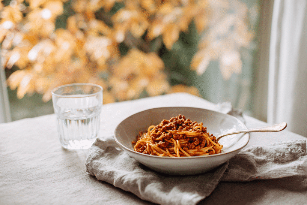 one-pot spaghetti Bolognese for one with fall decor