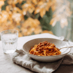 one-pot spaghetti Bolognese for one with fall decor