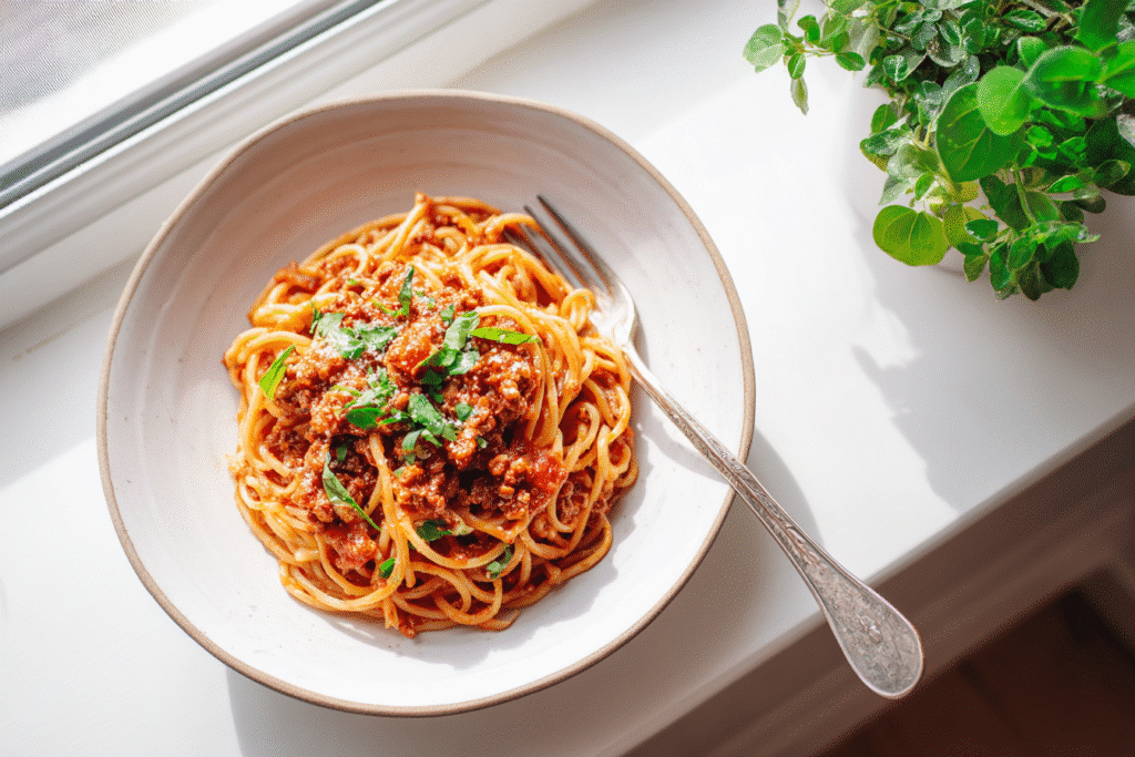 Fall one-pot spaghetti Bolognese with red wine and herbs